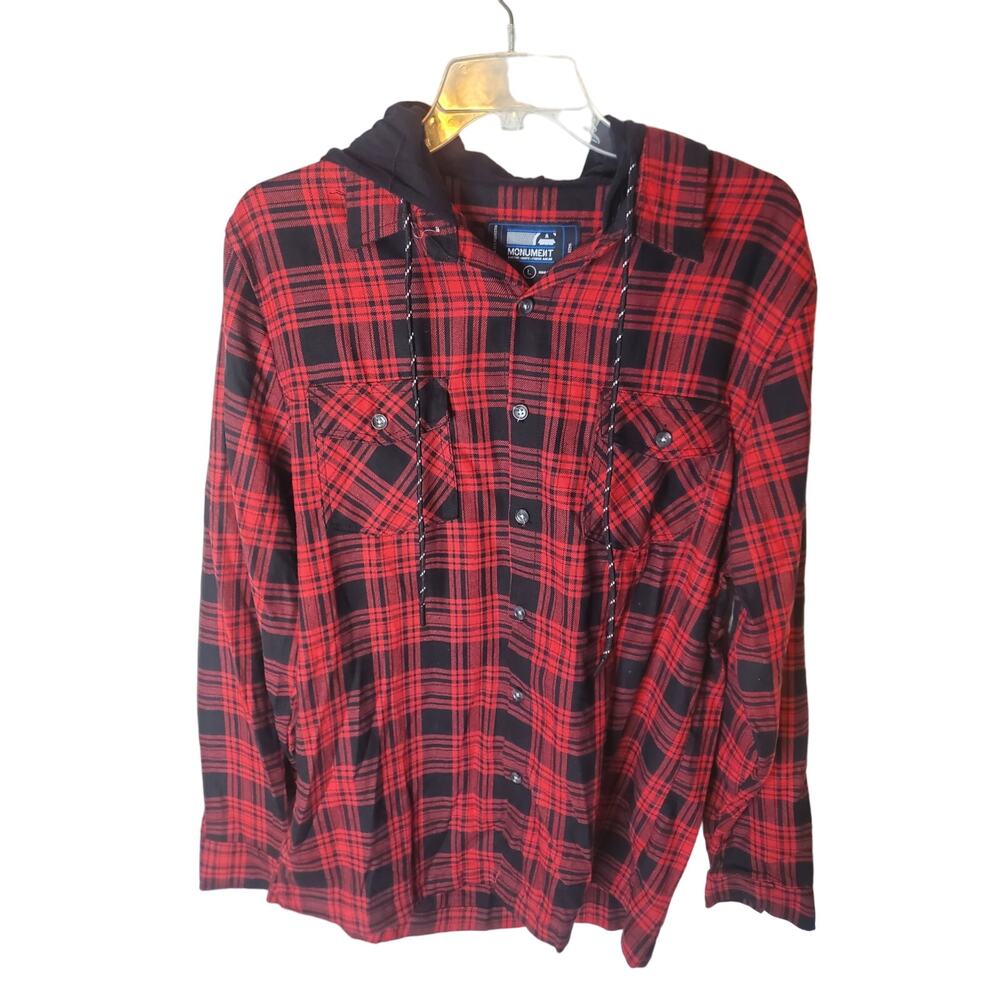 Monument Red/Black Plaid Buttondown Hooded Jacket, Large